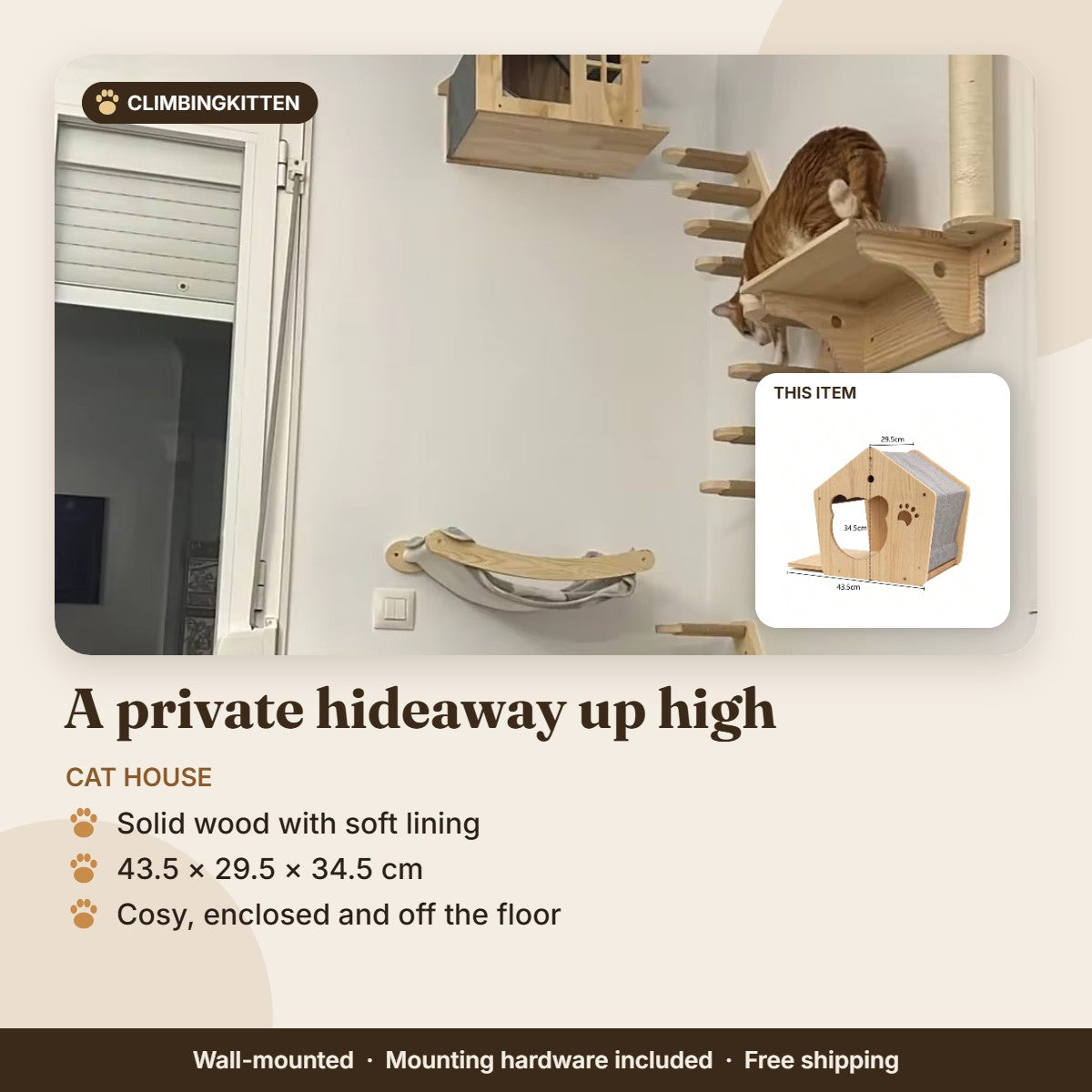 Wall-mounted wooden cat house