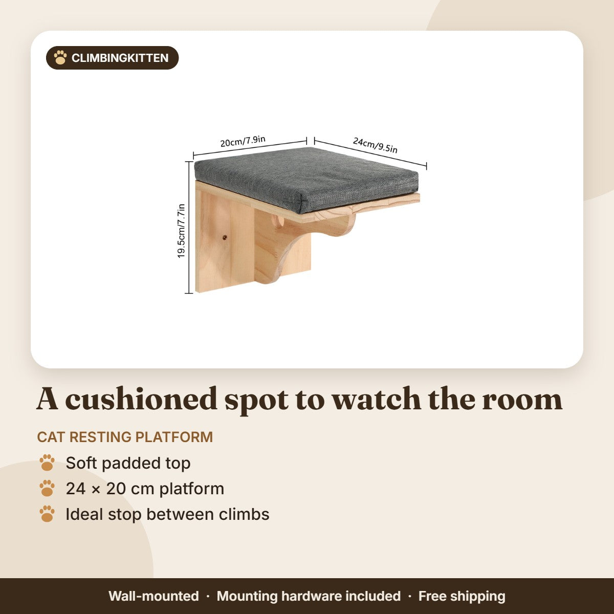 Cushioned wall-mounted cat resting platform