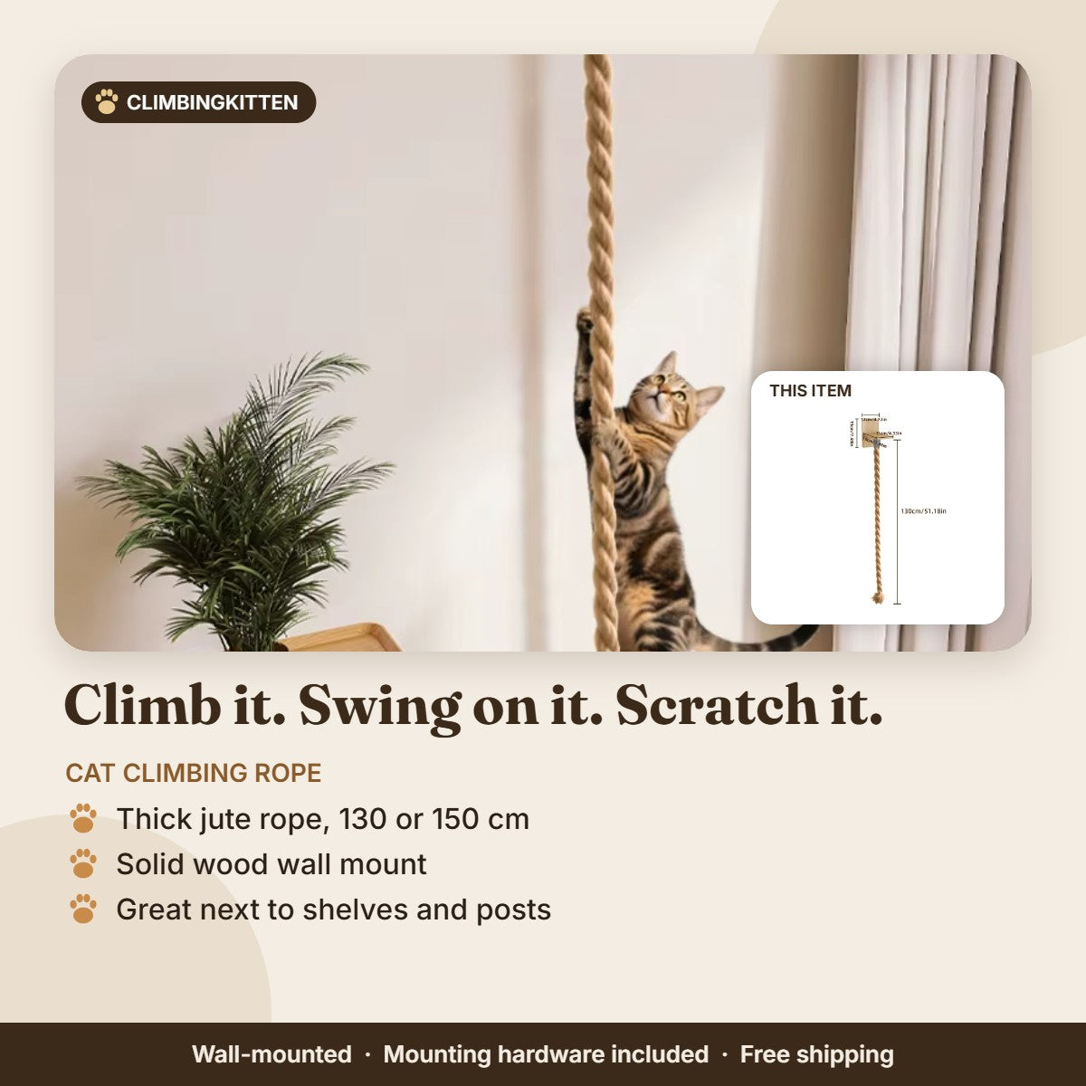 Wall-mounted cat climbing rope