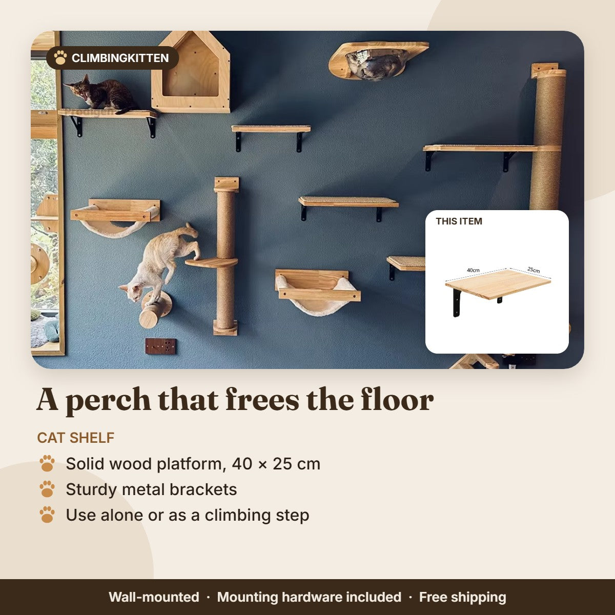 Wall-mounted wooden cat shelf