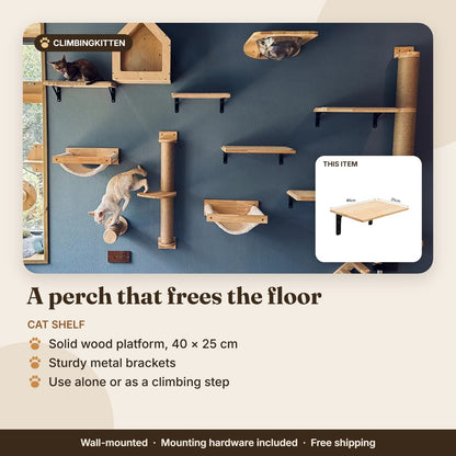 Wall-mounted wooden cat shelf