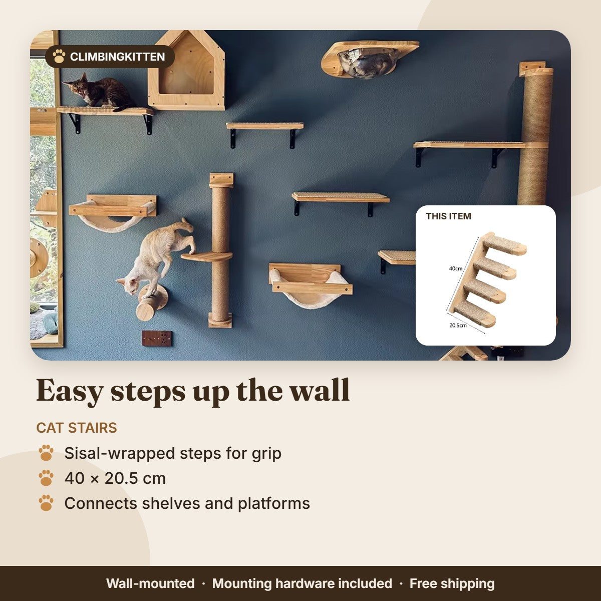 Wall-mounted cat stairs with sisal steps