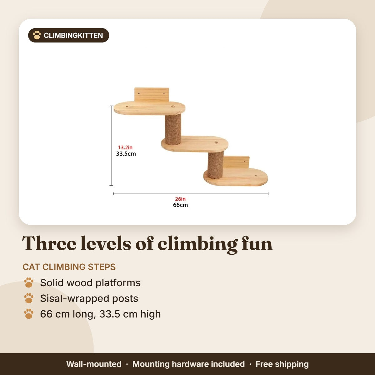 Three-level wall-mounted cat climbing steps