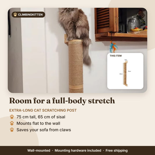 Extra-long wall-mounted cat scratching post